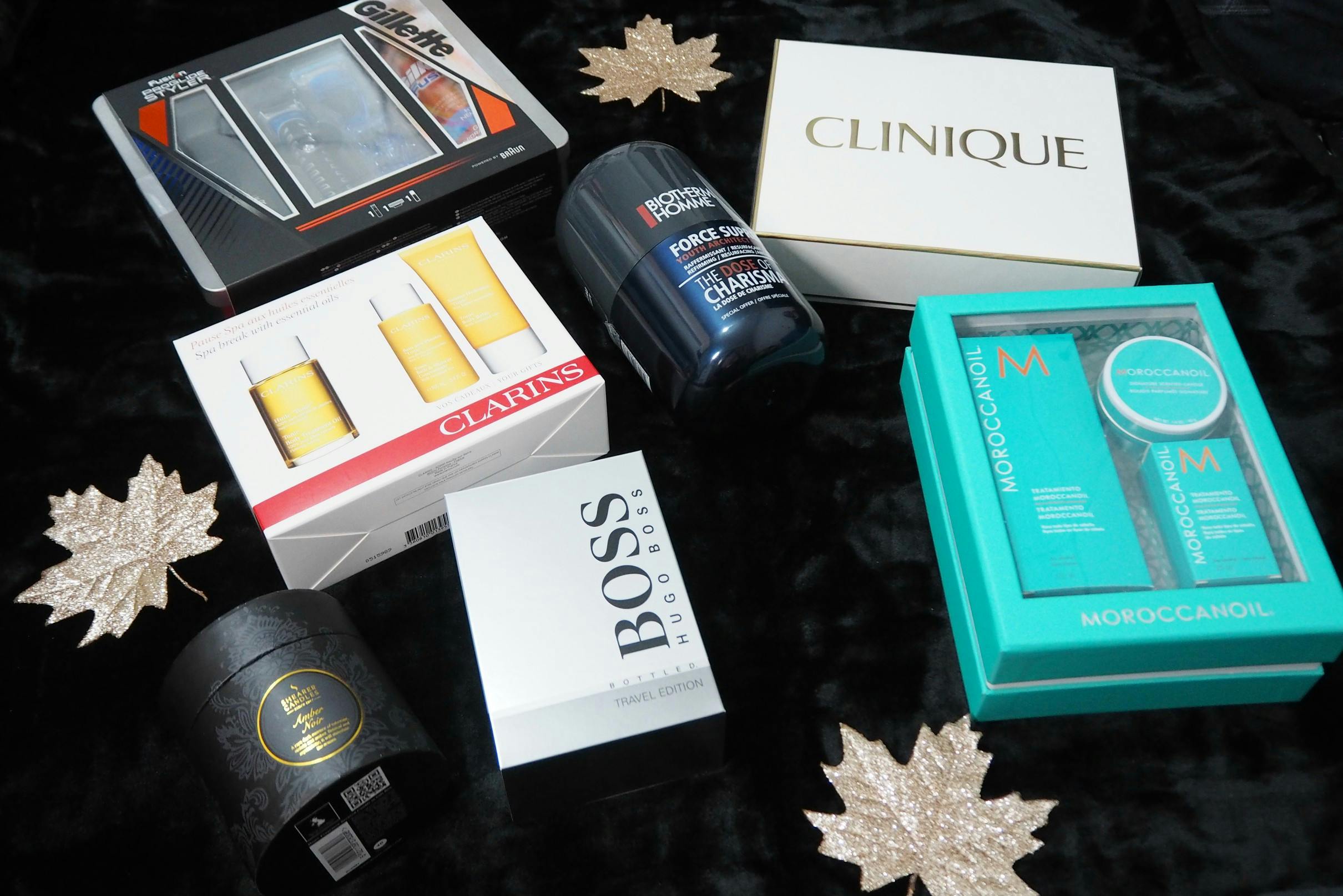 clinique, hugo boss, clarins, gillette fusion, clarins tonic, shearer candles