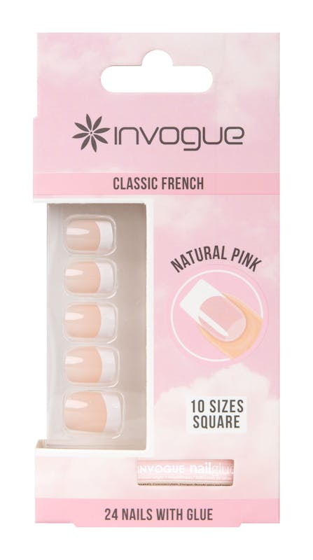 Invogue Classic French Square Nails Natural Pink 24 kpl