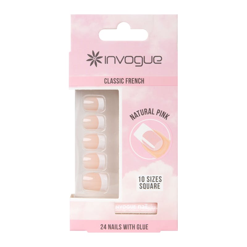 Invogue Classic French Square Nails Natural Pink 24 kpl
