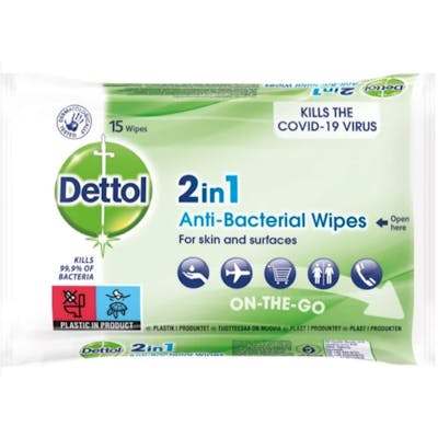 Dettol 2In1 Anti-Bacterial Wipes 15 stk