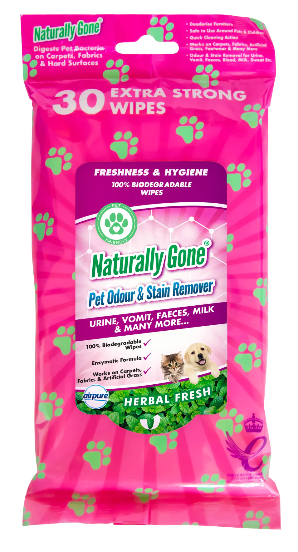 Airpure Naturally Gone Pet Odour & Stain Remover Wipes 30 pcs