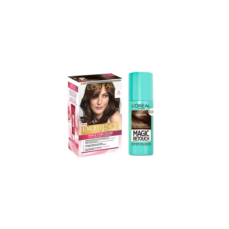 L&#039;Oréal Paris Excellence Creme Hair Color 4 Brown &amp; Magic Retouch Brown Instant Root Concealer Spray 1 pcs + 75 ml