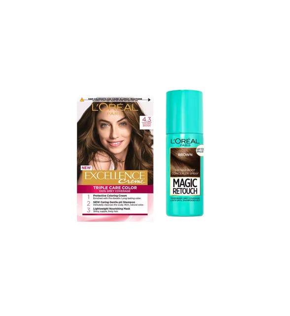 L'Or&eacute;al Paris Excellence Creme Hair Color 4.3 Golden Brown & Magic Retouch Brown Instant Root Concealer Spray 1 pcs + 75 ml
