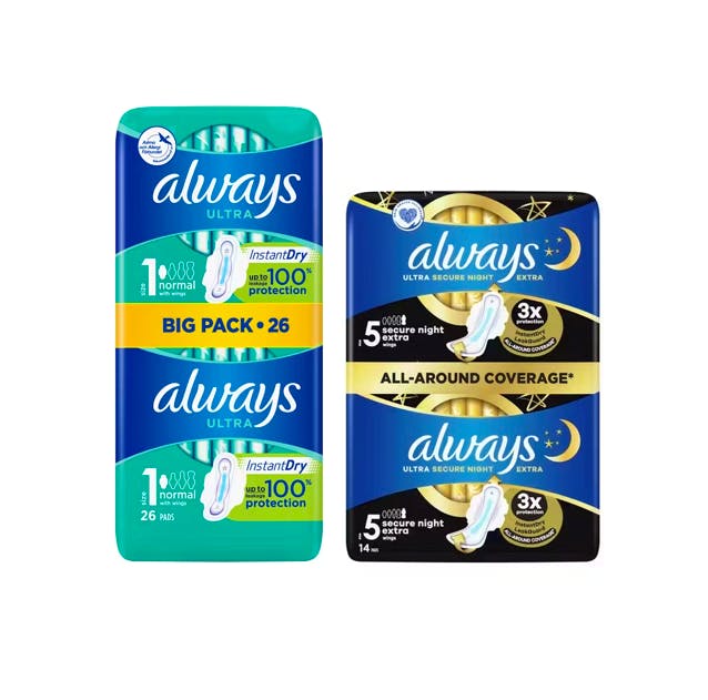 Always Ultra Normal With Wings & Ultra Secure Night Extra Wings 26 pcs + 14 stk