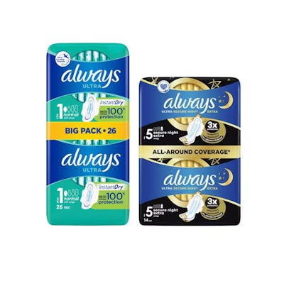 Always Ultra Normal With Wings &amp; Ultra Secure Night Extra Wings 26 pcs + 14 pcs