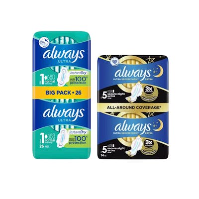 Always Ultra Normal With Wings &amp; Ultra Secure Night Extra Wings 26 pcs + 14 st