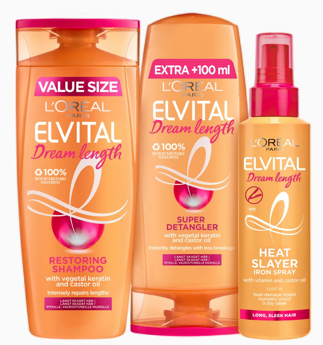 L'Or&eacute;al Paris Elvital Dream Length Shampoo, Conditioner & Heat Slayer Iron Spray 400 ml + 300 ml + 150 ml