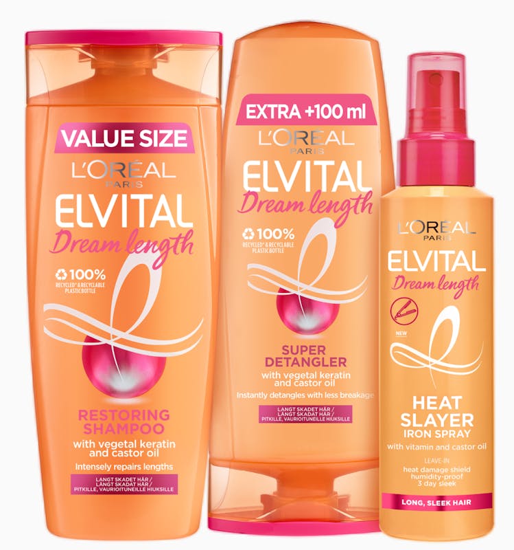 L&#039;Oréal Paris Elvital Dream Length Shampoo, Conditioner &amp; Heat Slayer Iron Spray 400 ml + 300 ml + 150 ml