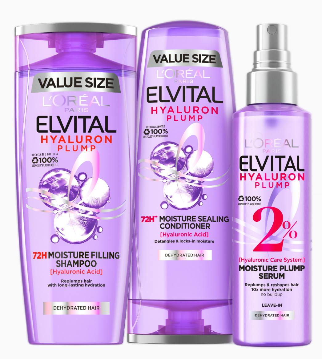 L'Or&eacute;al Paris Elvital Hyaluron Plump Shampoo, Conditioner & Leave-in Spray 400 ml + 300 ml + 150 ml