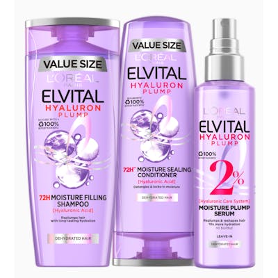 L&#039;Oréal Paris Elvital Hyaluron Plump Shampoo, Conditioner &amp; Leave-in Spray 400 ml + 300 ml + 150 ml