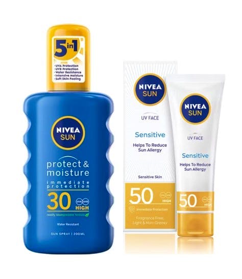 NIVEA Sun UV Face Soothing Sensitive Cream SPF50 + Sun Protect & Moisture Sun Spray SPF30 50 ml + 200 ml