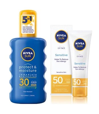 Nivea Sun UV Face Soothing Sensitive Cream SPF50 + Sun Protect &amp; Moisture Sun Spray SPF30 50 ml + 200 ml