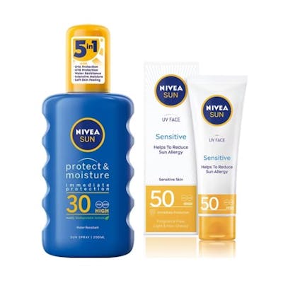 Nivea Sun UV Face Soothing Sensitive Cream SPF50 + Sun Protect &amp; Moisture Sun Spray SPF30 50 ml + 200 ml