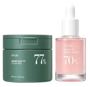 Anua Heartleaf 77% Clear Pad + Peach 70% Niacinamide Serum 70 pcs + 30 ml