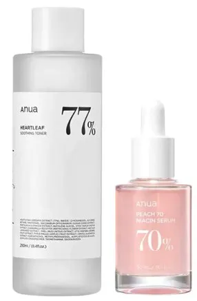 Anua Heartleaf 77% Soothing Toner & Peach 70% Niacinamide Serum 250 ml + 30 ml