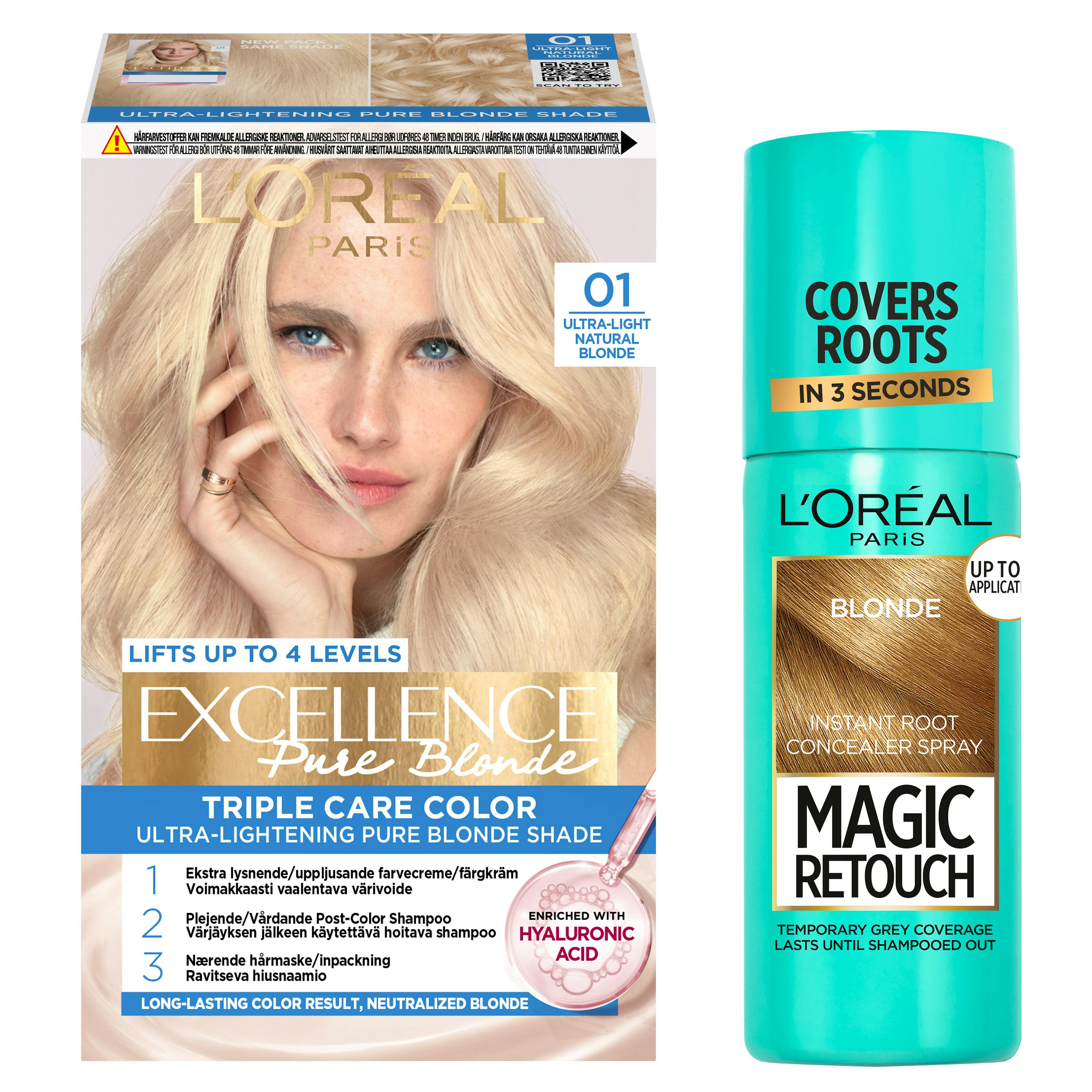 L'Or&eacute;al Paris Excellence 01 Lightest Natural Blonde & Magic Retouch Root Concealer Spray 5 Blonde 1 pcs + 75 ml