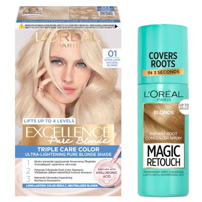 L&#039;Oréal Paris Excellence 01 Lightest Natural Blonde &amp; Magic Retouch Root Concealer Spray 5 Blonde 1 pcs + 75 ml