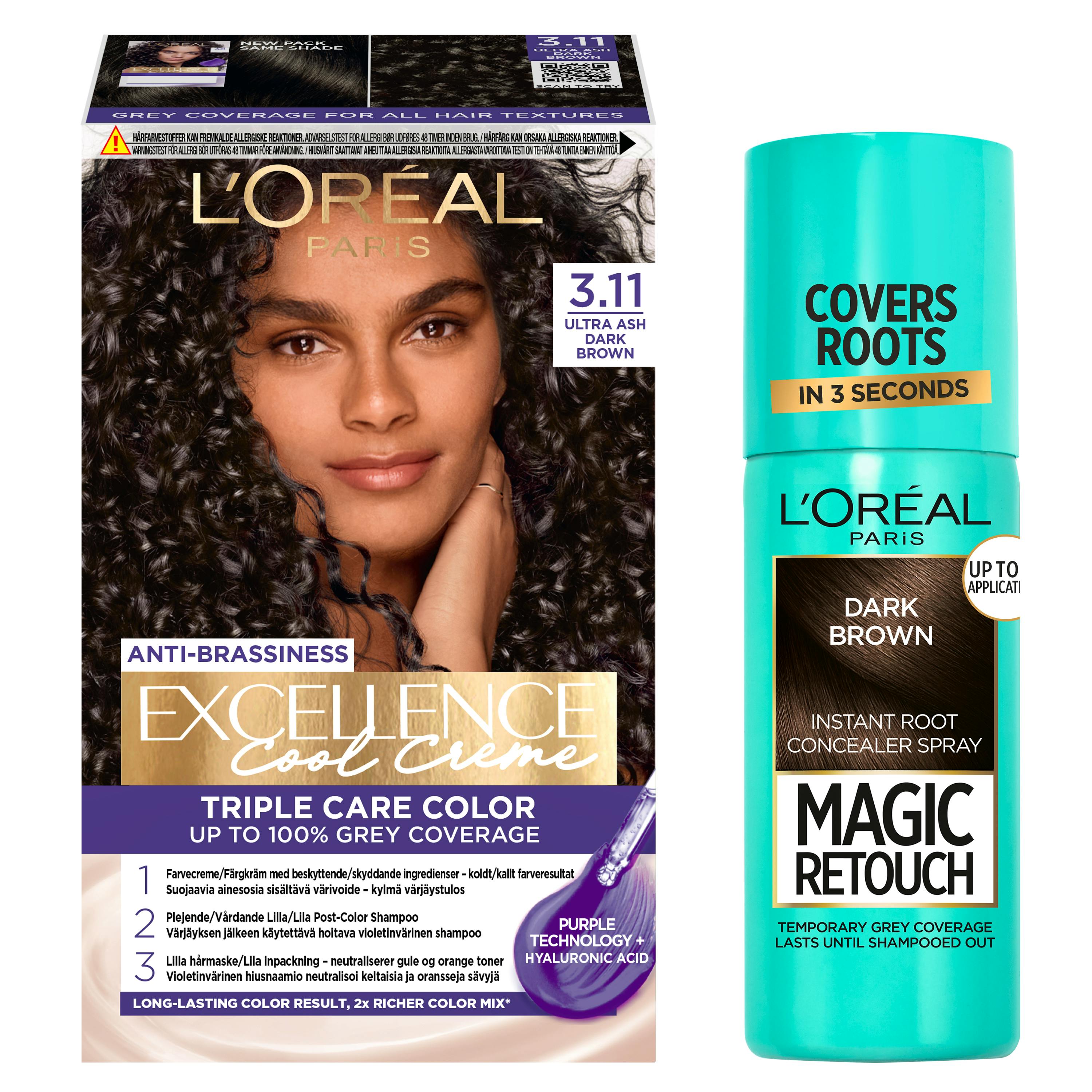 L'Or&eacute;al Paris Excellence Creme Hair Color 3.11 Ultra Ash Dark Brown & Magic Retouch Dark Brown Instant Root Concealer Spray 1 pcs + 75 ml