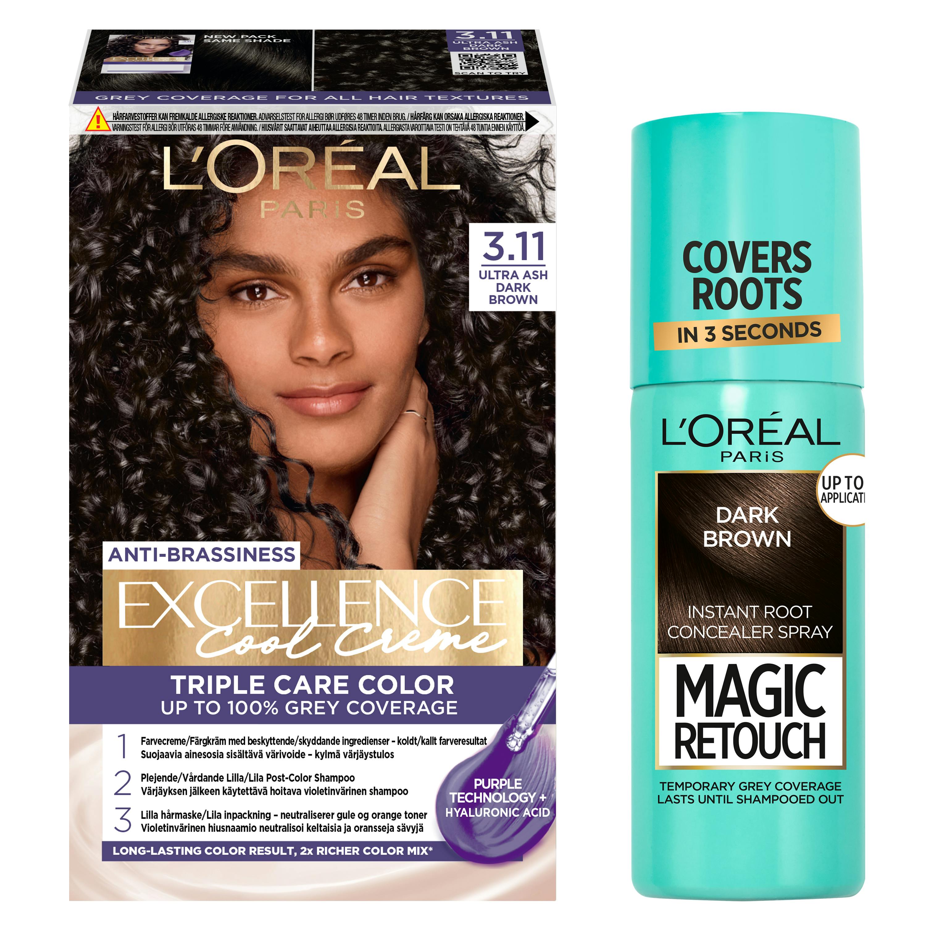 L'Oréal Paris Excellence Creme Hair Color 3.11 Ultra Ash Dark Brown & Magic Retouch Dark Brown Instant Root Concealer Spray 1 pcs + 75 ml