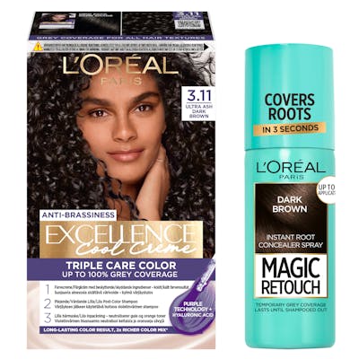 L&#039;Oréal Paris Excellence Creme Hair Color 3.11 Ultra Ash Dark Brown &amp; Magic Retouch Dark Brown Instant Root Concealer Spray 1 pcs + 75 ml