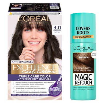 L&#039;Oréal Paris Excellence Creme Hair Color 4.11 Ultra Ash Brown &amp; Magic Retouch Brown Instant Root Concealer Spray 1 pcs+ 75 ml