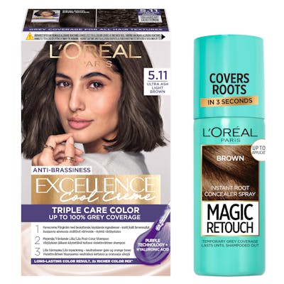 L&#039;Oréal Paris Excellence Creme Hair Color 5.11 Ultra Ash Light Brown &amp; Magic Retouch Brown Instant Root Concealer Spray 1 pcs + 75 ml