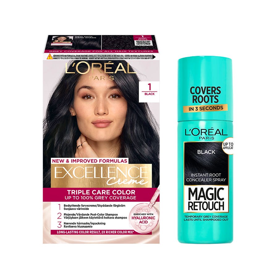 L'Or&eacute;al Paris Excellence Creme Hair Color 1 Black & Magic Retouch Spray 1 Black 1 pcs + 75 ml