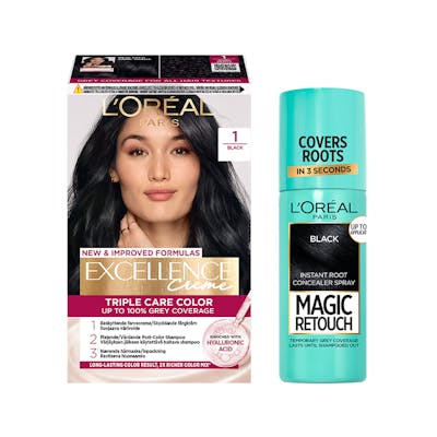 L&#039;Oréal Paris Excellence Creme Hair Color 1 Black &amp; Magic Retouch Spray 1 Black 1 pcs + 75 ml