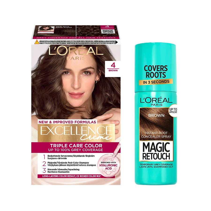 L'Or&eacute;al Paris Excellence Creme Hair Color 4 Brown & Magic Retouch Brown Instant Root Concealer Spray 1 pcs + 75 ml