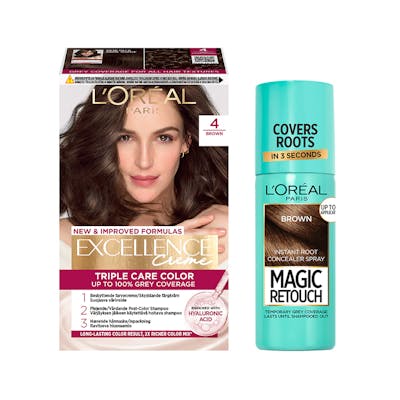 L&#039;Oréal Paris Excellence Creme Hair Color 4 Brown &amp; Magic Retouch Brown Instant Root Concealer Spray 1 pcs + 75 ml