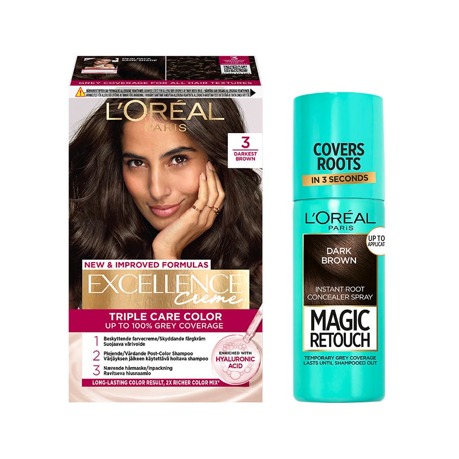 L'Or&eacute;al Paris Excellence Creme Hair Color 3 Natural Darkest Brown & Magic Retouch Dark Brown Instant Root Concealer Spray 1 pcs + 75 ml