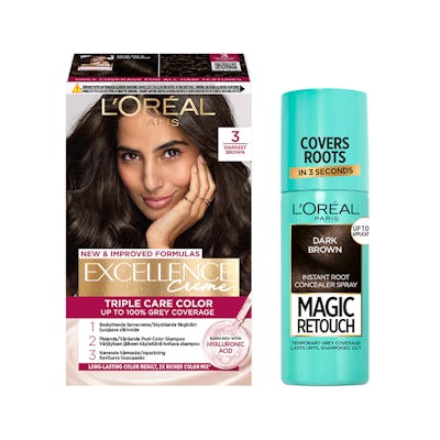 L&#039;Oréal Paris Excellence Creme Hair Color 3 Natural Darkest Brown &amp; Magic Retouch Dark Brown Instant Root Concealer Spray 1 pcs + 75 ml
