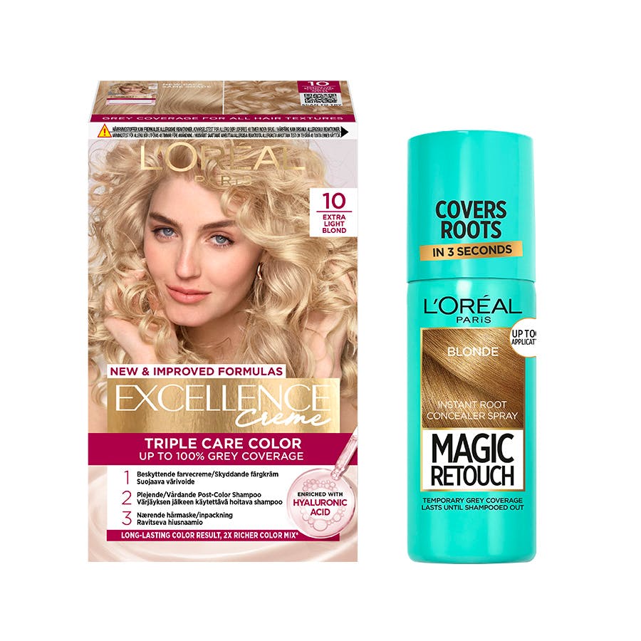 L'Or&eacute;al Paris Excellence Creme Hair Color 10 Extra Light Blonde & Magic Retouch Root Concealer Spray 5 Blonde 1 pcs + 75 ml