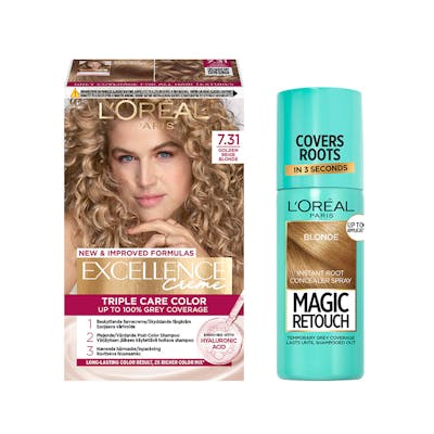 L&#039;Oréal Paris Excellence Creme Hair Color 7.31 Golden Beige Blonde &amp; Magic Retouch Root Concealer Spray 5 Blonde 1 pcs + 75 ml