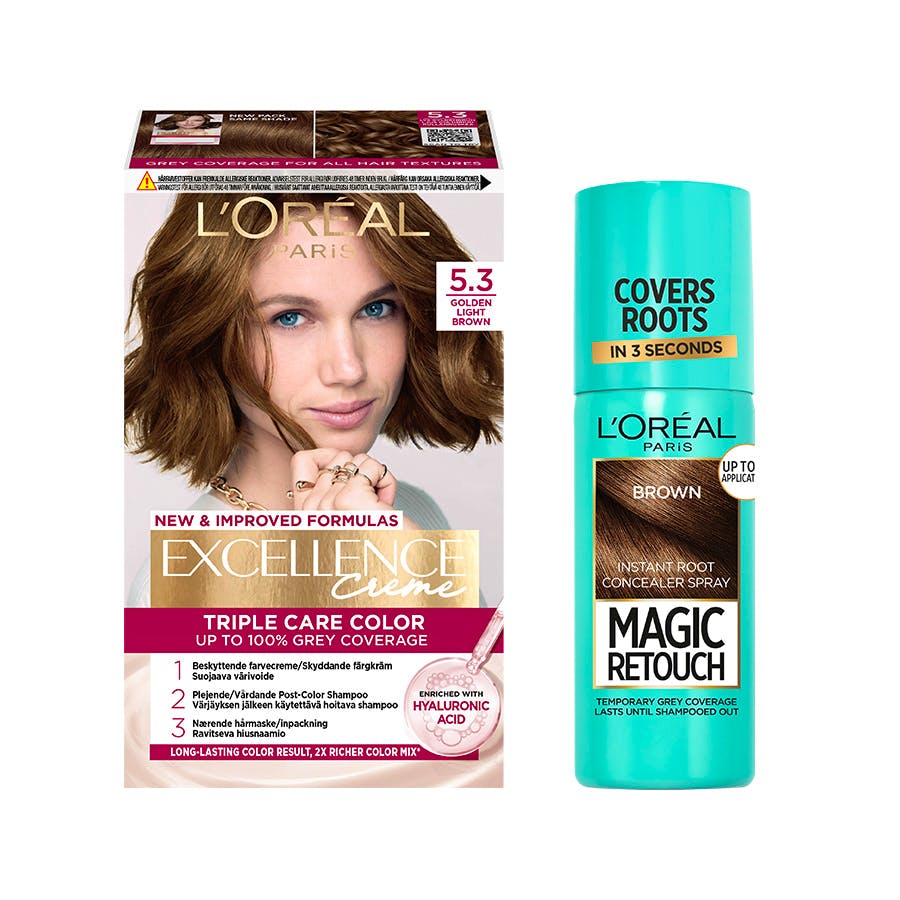 L'Or&eacute;al Paris Excellence Creme Hair Color 5.3 Golden Light Brown & Magic Retouch Brown Instant Root Concealer Spray 1 pcs + 75 ml