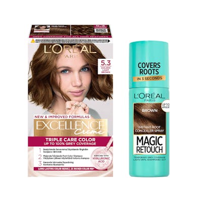 L&#039;Oréal Paris Excellence Creme Hair Color 5.3 Golden Light Brown &amp; Magic Retouch Brown Instant Root Concealer Spray 1 pcs + 75 ml