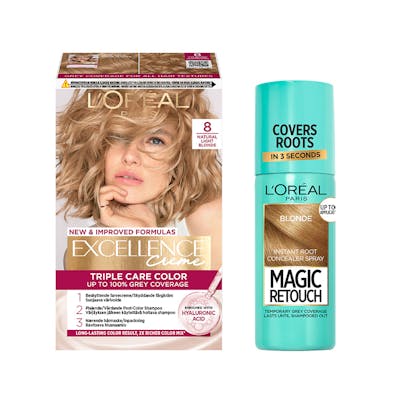L&#039;Oréal Paris Excellence Creme Hair Color 8.0 Natural Light Blonde &amp; Magic Retouch Root Concealer Spray 5 Blonde 1 pcs + 75 ml