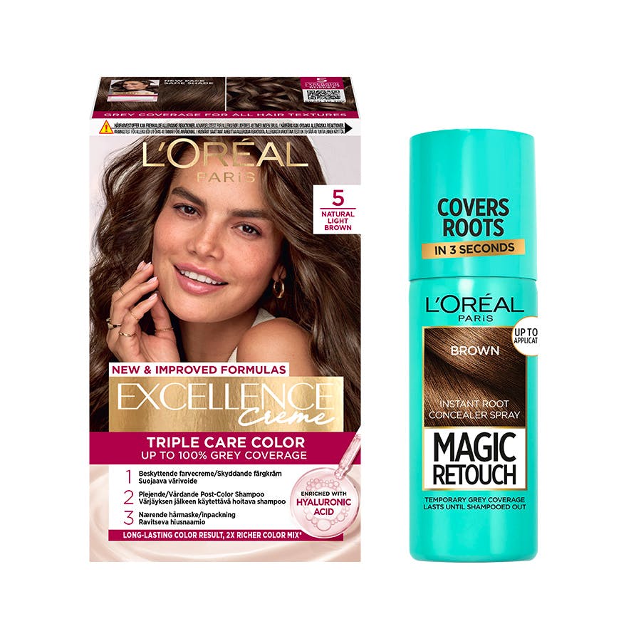 L'Or&eacute;al Paris Excellence Creme Hair Color 5 Natural Light Brown & Magic Retouch Brown Instant Root Concealer Spray 1 pcs + 75 ml