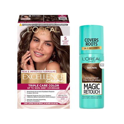 L&#039;Oréal Paris Excellence Creme Hair Color 5 Natural Light Brown &amp; Magic Retouch Brown Instant Root Concealer Spray 1 pcs + 75 ml