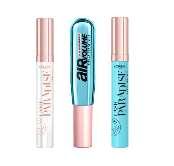 L'Oréal Paris Paradise Mascara Primer, Air Mega Volume Easy Waterproof Black & Paradise Extatic Waterproof Black 3 pcs