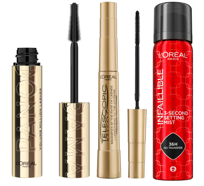 L'Oréal Paris Volume Million Lashes Panorama Mascara Black + Telescopic Mascara Black + Infaillible 3-Second Setting Mist 9,9 ml + 8 ml + 75 ml