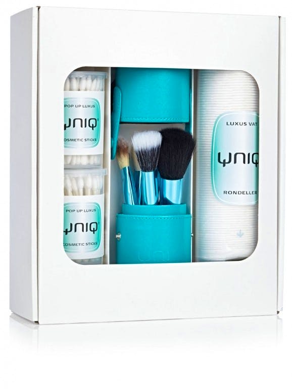 Yniq Brush Cup Holder With 12 Turquoise Brushes & Cottonpad Dispenser