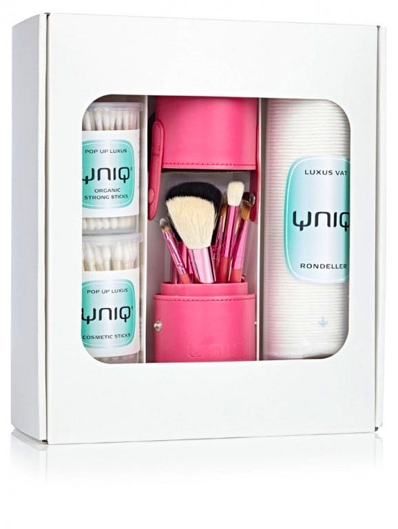 Yniq Brush Cup Holder With 12 Pink Brushes & Cottonpad Dispenser & 2