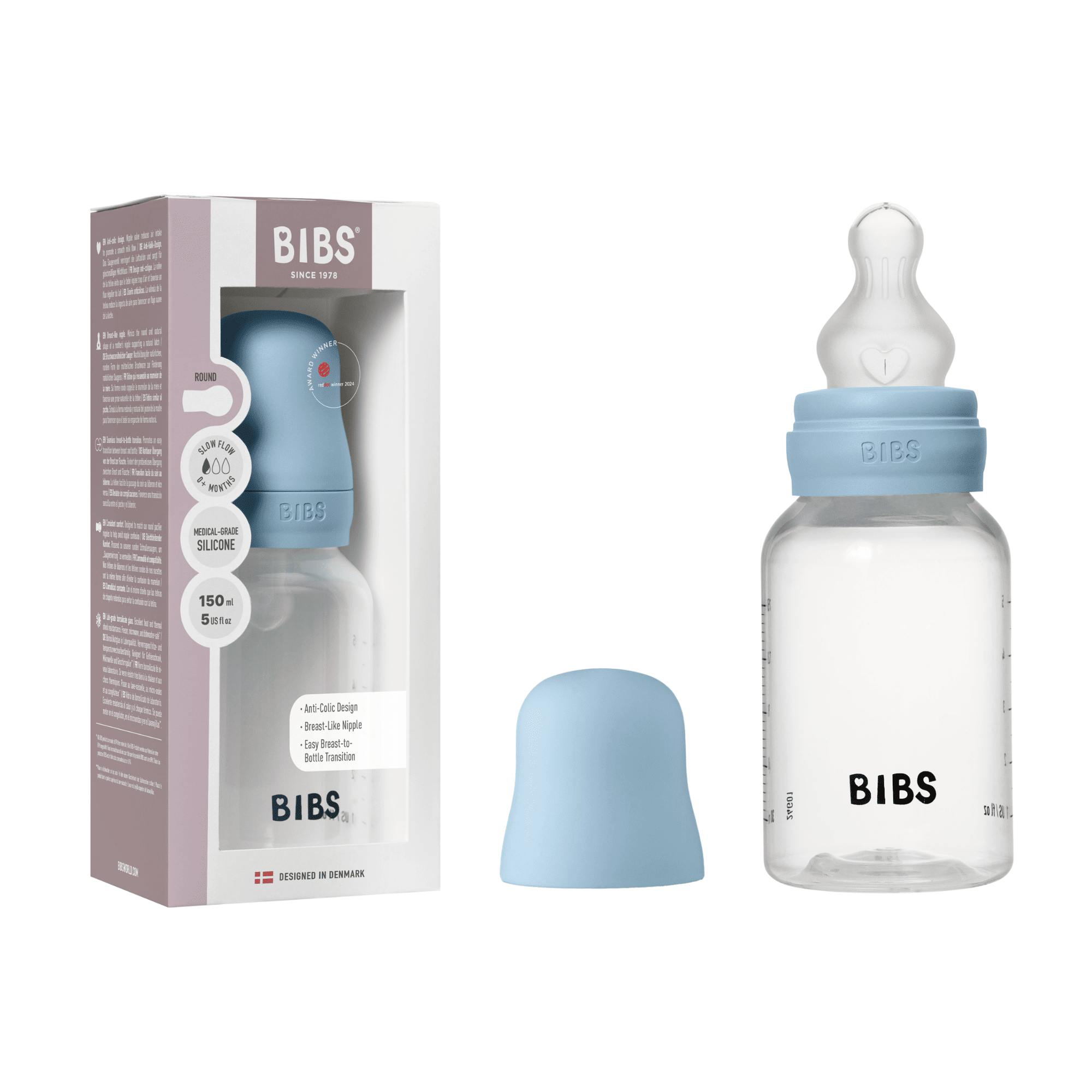 BIBS Baby Bottle Round Silicone Slow Flow Baby Blue 150 ml