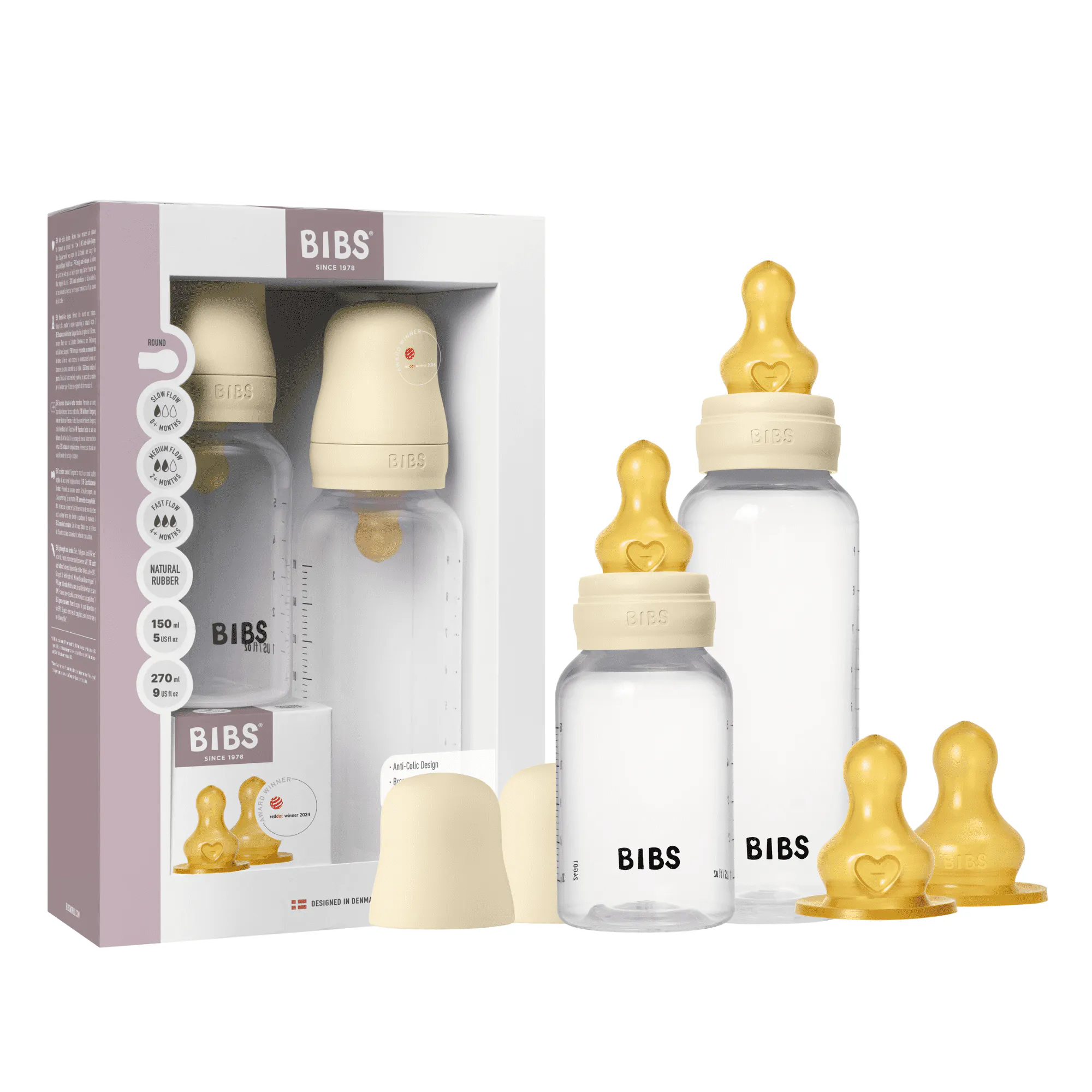 BIBS Grow and Flow Baby Bottle Round Latex Set Ivory 150 ml + 270 ml + 1 pcs + 1 st