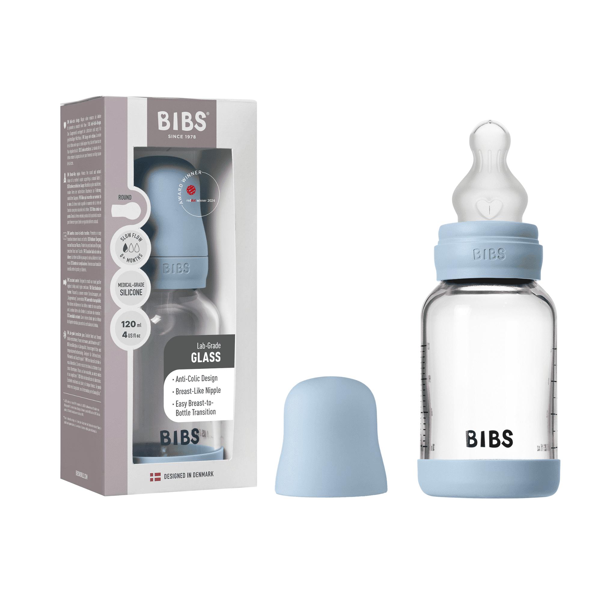 BIBS Glass Baby Bottle Silicone Slow Flow Baby Blue 120 ml