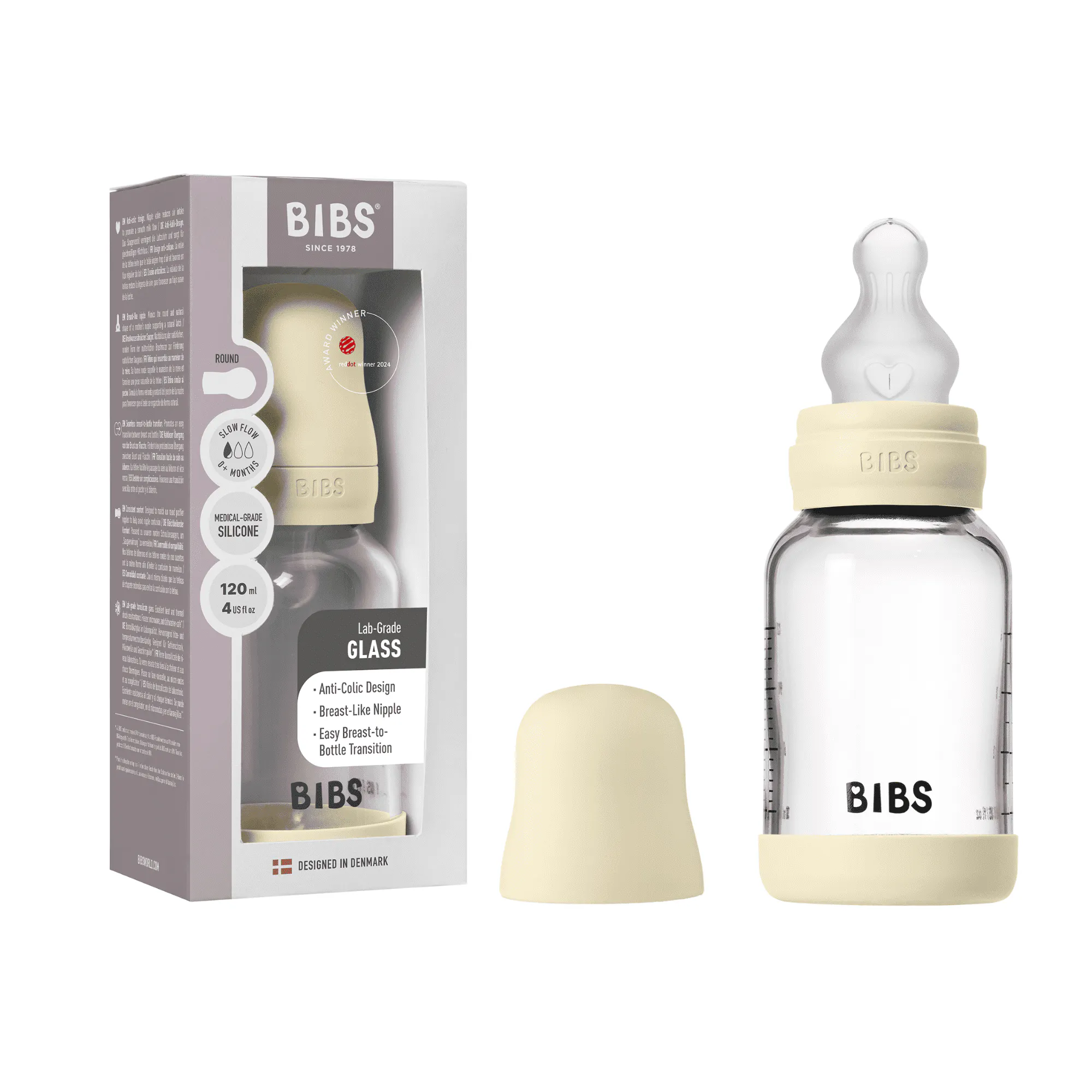 BIBS Glass Baby Bottle Silicone Slow Flow Ivory 120 ml