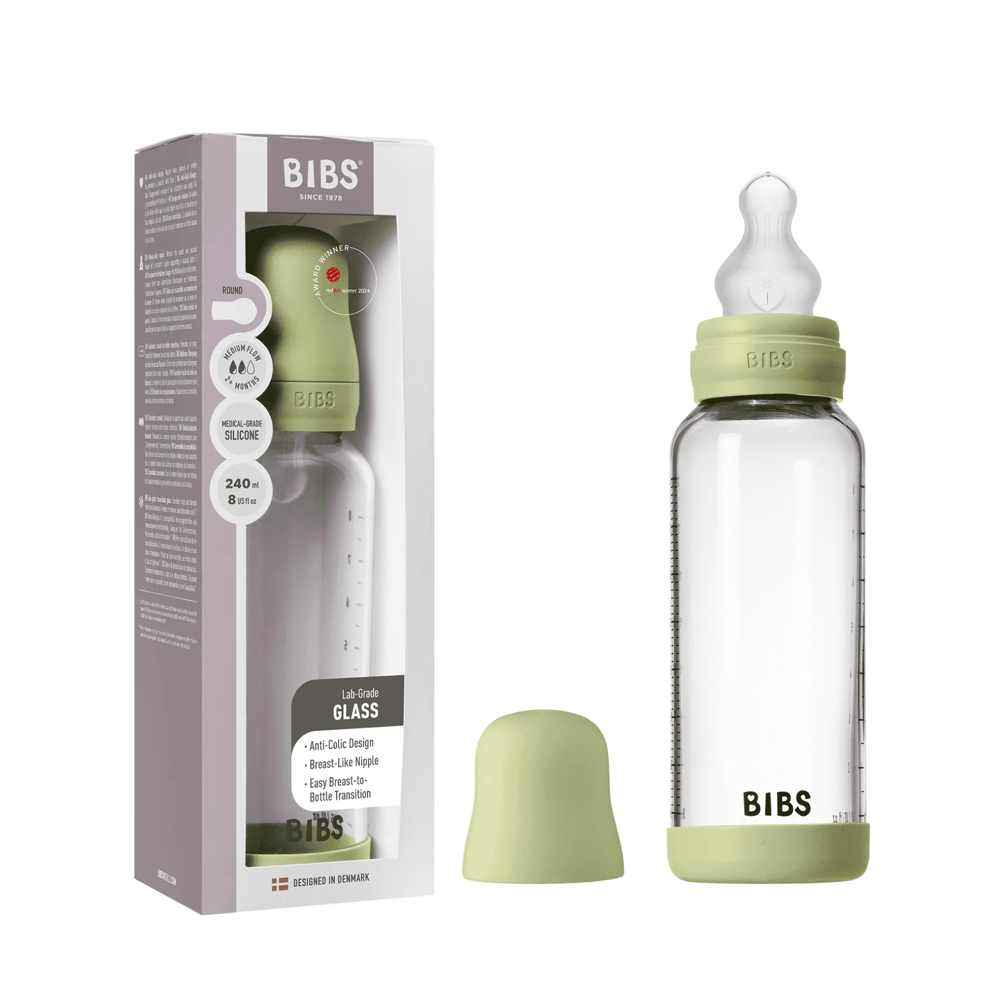 BIBS Glass Baby Bottle Silicone Medium Flow Sage 240 ml