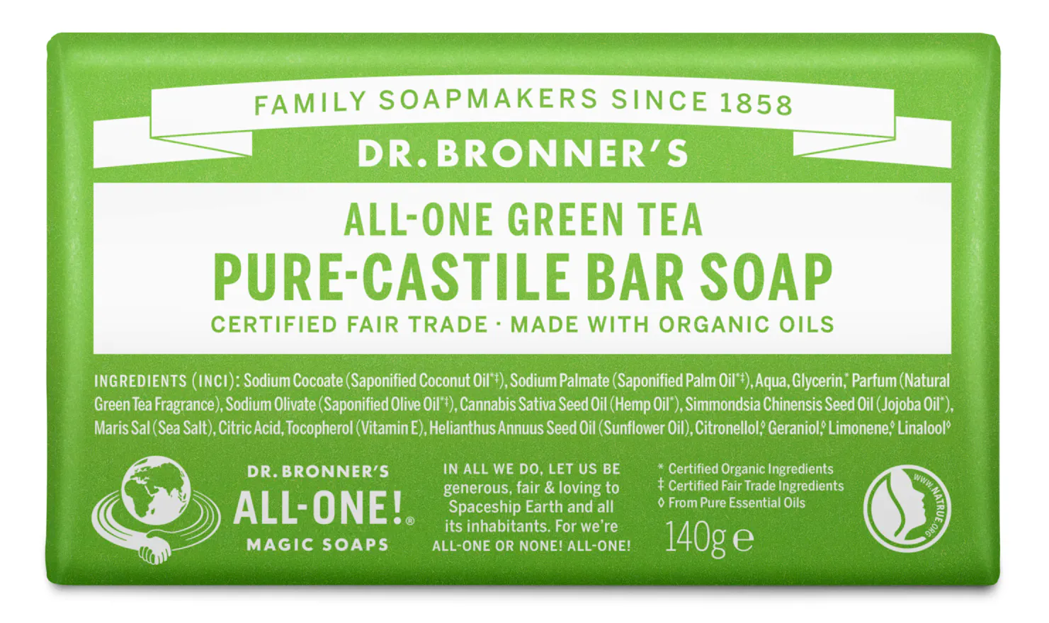Dr. Bronner&rsquo;s Bar Soap Green Tea 140 g