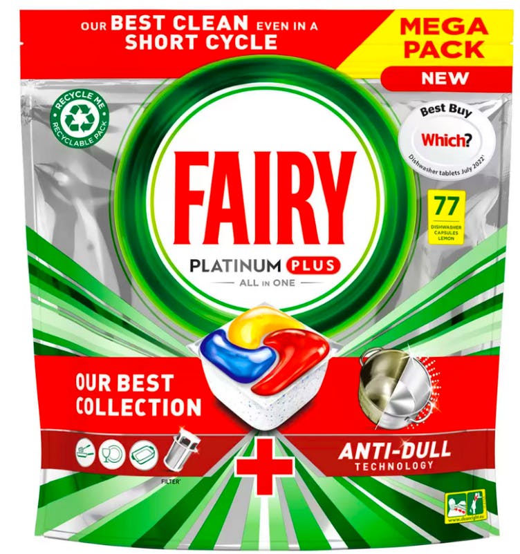 Fairy All In One Dishwasher Tablets Platinum Plus Lemon 77 stk